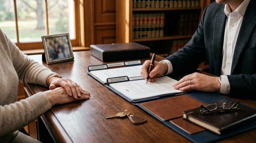 Estate-planning documents including a will, trust, and beneficiary forms organized during a legal review.